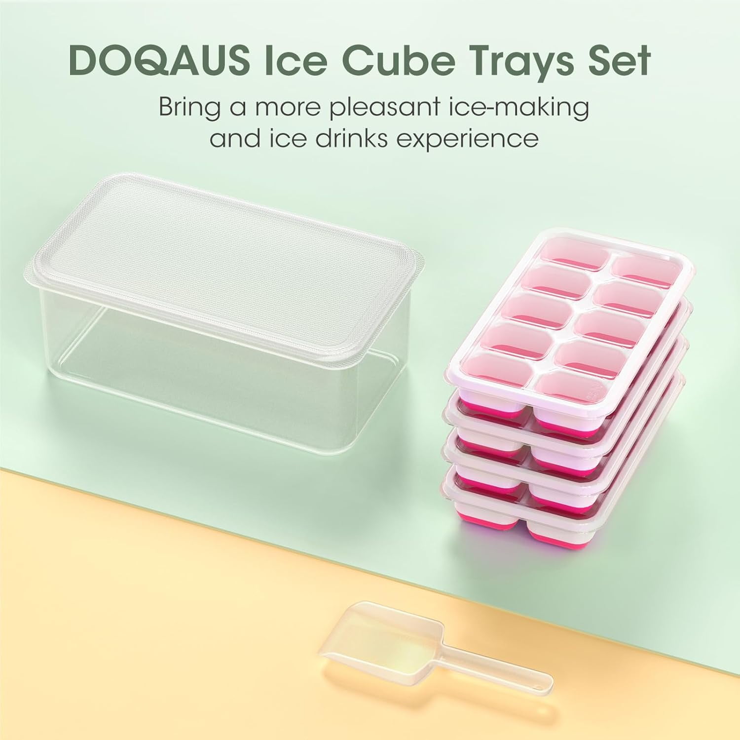 Senya Ice Cube Tray with Lid and Bin, 4 Pack Stackable Ice Tray with Storage Ice Bucket Kits, Ice Scoop