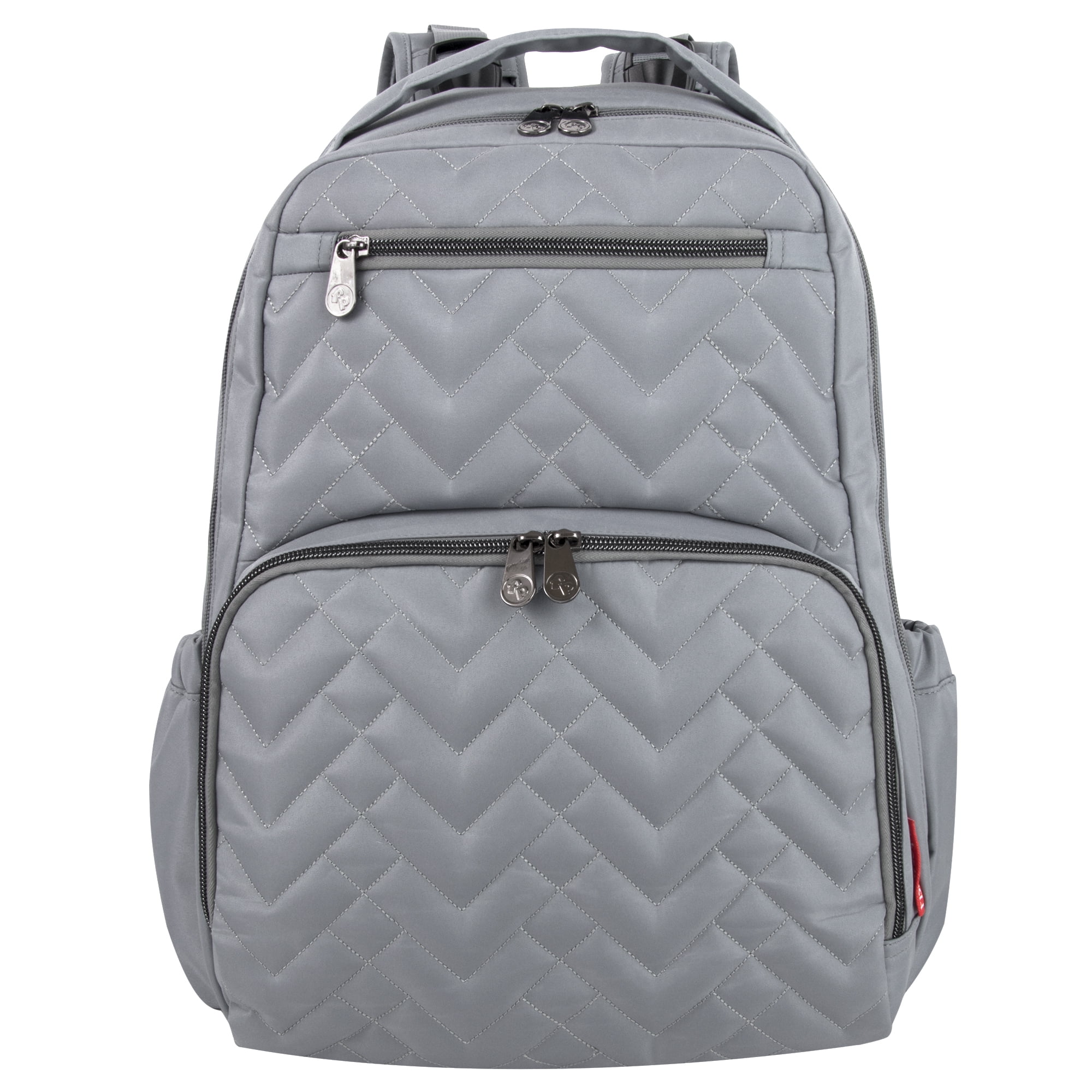 Fisher-Price 17”L Signature Morgan Quilted Multi-Pocket Diaper Bag Backpack with Matching Changing Pad, Insulated Bottle Pocket, Tablet Pocket and Stroller Straps in Gray