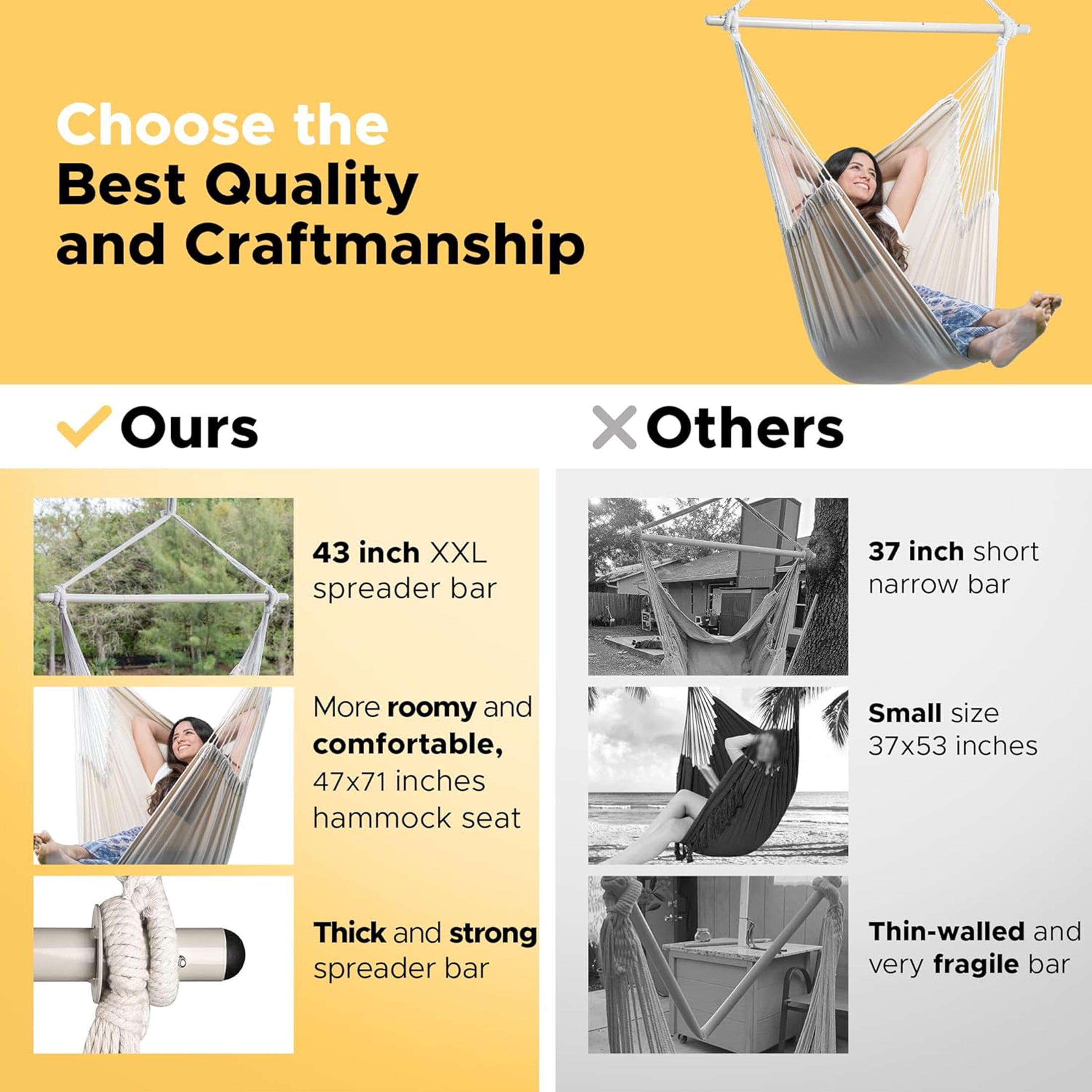 Sunyear Hammock Chair Anti-Slip Oversized Swing Chair  -  XXL Hanging Chair with  Steel Spreader Bar and Pocket for Bedroom, Patio, Outdoor/Indoor Use  (500 lbs Capacity)