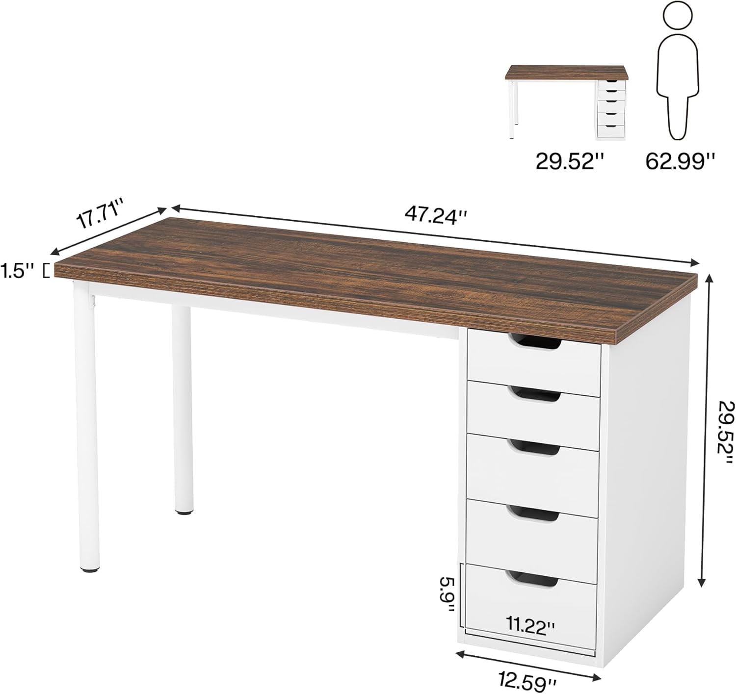 Finmind Computer Desk with 5 Drawers, 47 inches Rustic Brown Home Office Desk with Storage, Modern Study Writing Table Workstation for Small Spaces, Brown & White