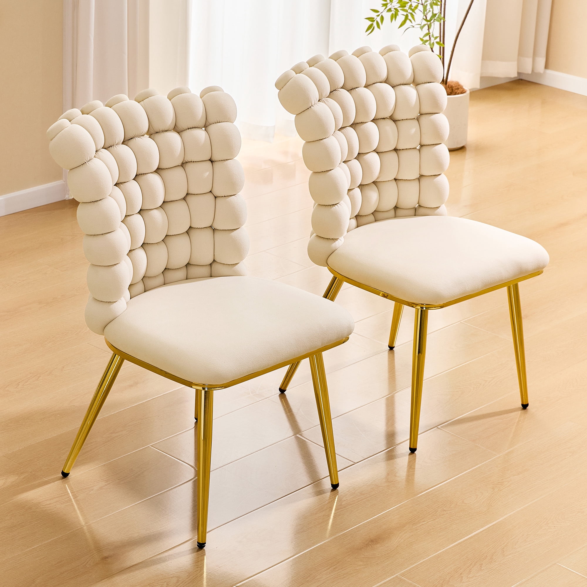 Leumius Set of 2 Luxury Bubble Tufted Swivel Chair, Premium Velvet Upholstered Accent Chair with Gold Metal Frame, Ergonomic Space-Saving Desk Chair for Modern Interiors Beige
