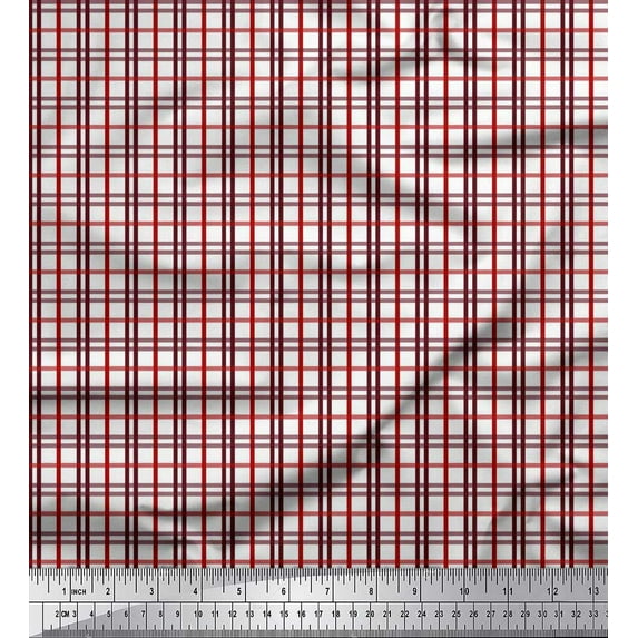 Soimoi Red Modal Satin Fabric Window Pane Check Printed Fabric 1 Yard 42 Inch Wide