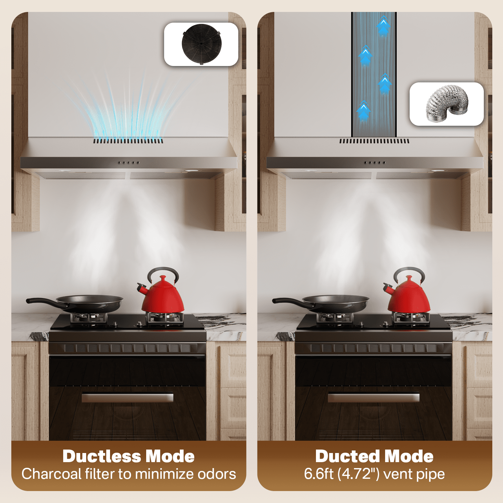 TYEMUI 30 Inch Ductless Range Hood, 9 Inch High Ventless Kitchen Hood with Back Vent Option, No Problem Keep Vena Hood for Under Cabinet or Wall Mount