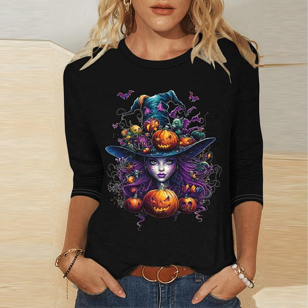 Heisall Womens Hoodies Halloween Print Round Neck 3/4 Sleeve Loose Fit Tshirts 2025 New Arrival Fashion Tops