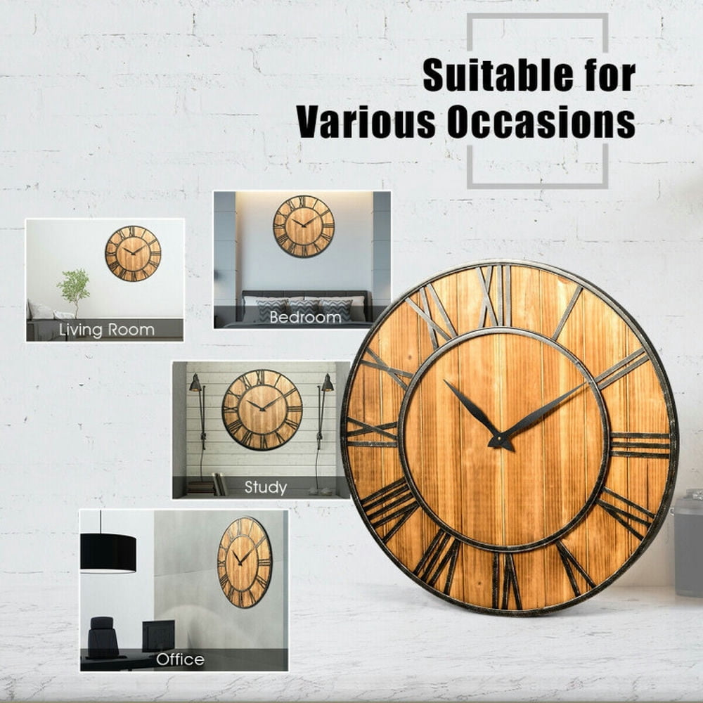 Barara King 30 Inch Round Wall Clock Decorative Wooden Silent Clock with Battery