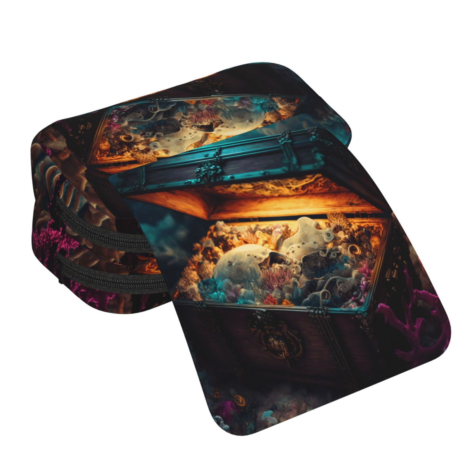 Rateoe Underwater Treasure Chest Pattern Double Clamshell Pen Case, Storage Organizer with Two Zipper Compartments– Holds Up to 50 Pencils & Pens