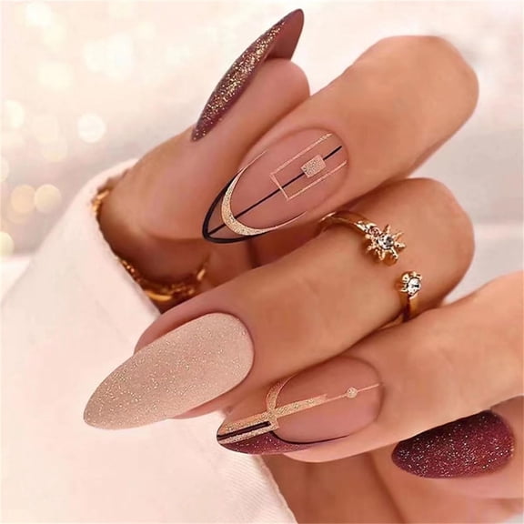 Almond Shaped Press on Nails Medium Matte Burgundy Acrylic Fake Press Ons Nails with Design Glue on Full Cover Artificial False Stick on Nail for Girls Women Daily Wear 24PCS Exquisite Matte Burgundy