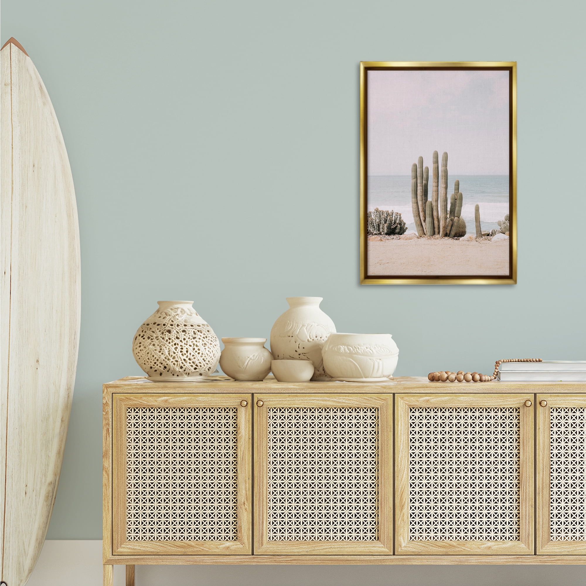 Stupell Industries Cactus on Beach Shore Landscape & Nature Photography Gold Floater Framed Canvas Art Print Wall Art, 21 x 31