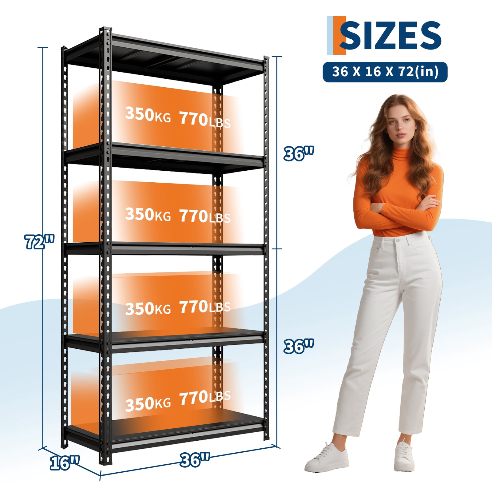 5-Tier Metal Shelving Unit, 48"x16"x72" Garage Storage Shelves, 3850 Lbs Capacity, Adjustable Steel Storage Rack, Standing Workshop Shelving System