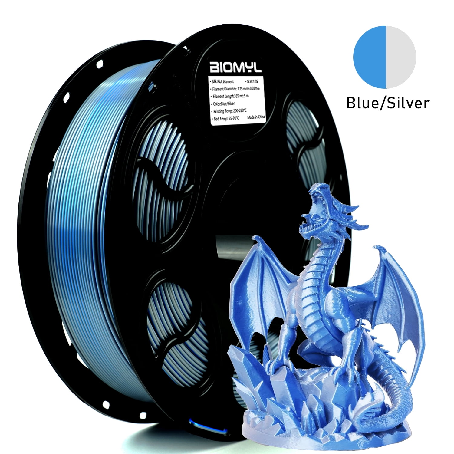 BIOMYL PLA 3D Printer Filament, PLA Filament 1.75mm Dual Blue/Silver Color Filament Silk PLA, 1kg Spool, Accuracy +/- 0.03mm