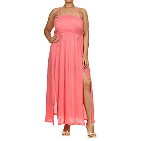 Womens Plus Size Sexy Strappy Cut Out Coral Side Slit Sheer Maxi Dress ...