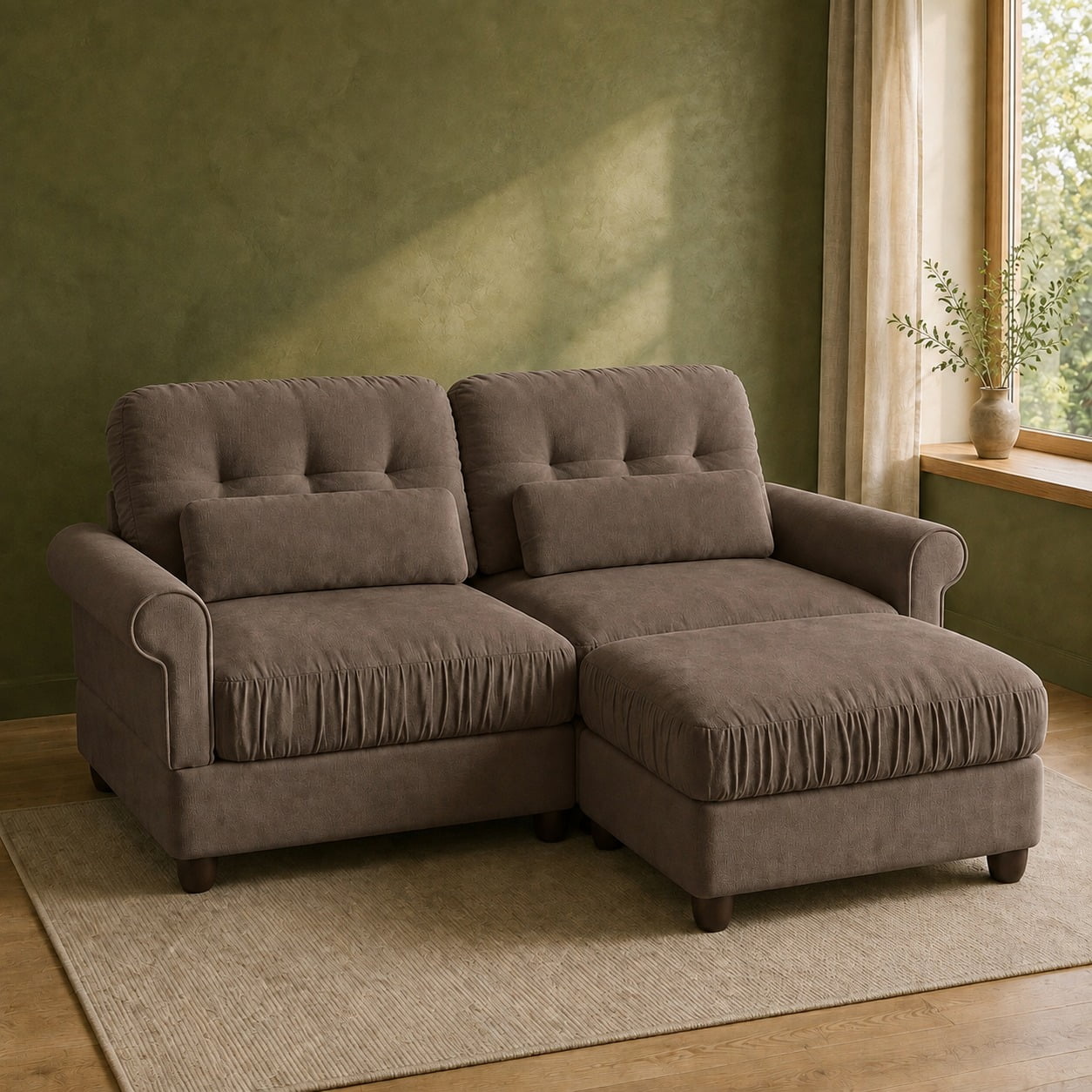 Chenille Brown Cloud Couch Modular Sectional Sofa for Home Loveseat Sofa L Shaped Couch 1 Ottoman Sectional Couches for Living Room Sofas for Living Room Love Seat Set with Two Lumbar Pillows
