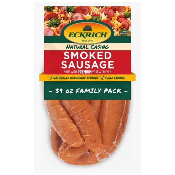 Eckrich Natural Casing Smoked Sausage rope Family pack, 39 oz, Fully Cooked