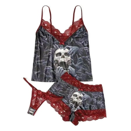 

UIONEN Women Camisole Pajamas Set Lace Short Sets 3pc Sexy Nightgown L