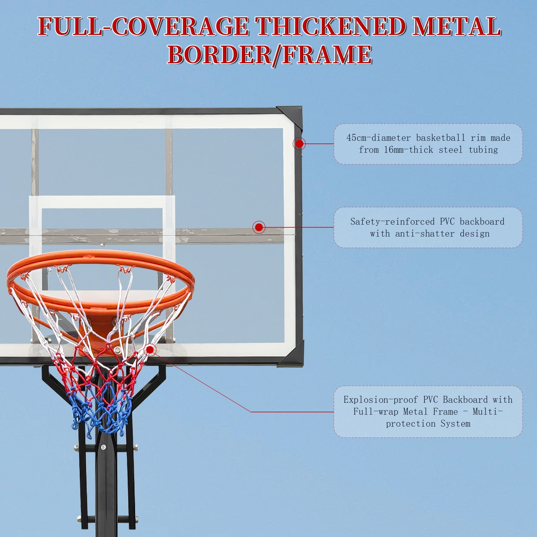 Portable Basketball Hoop, Adjustable Height 8.04 ft to 10.01 ft, 44 inch Backboard with Rebound System, Indoor/Outdoor Goal with Counterweight Bag, Wheels
