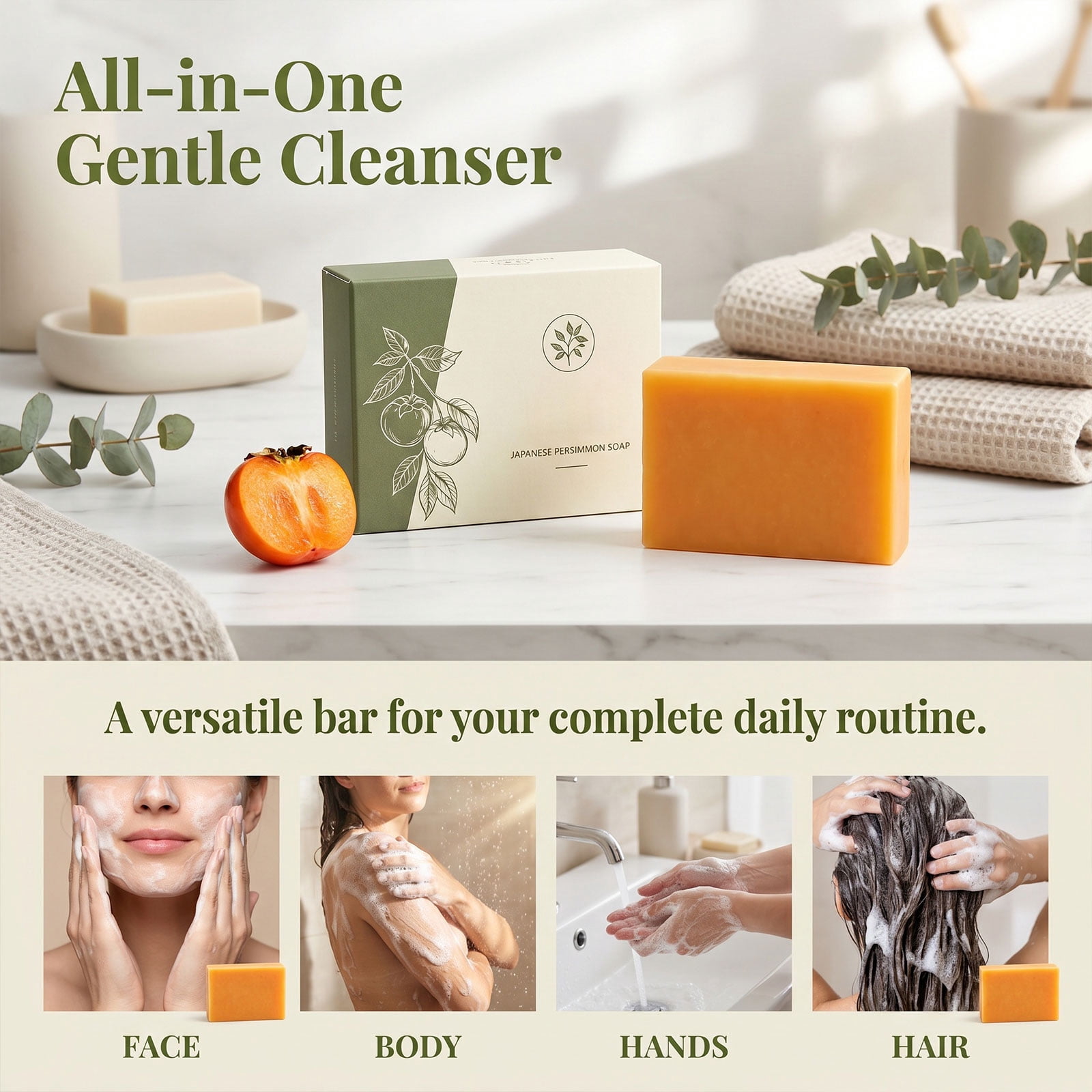 kaori Persimmon Soap for Body Odor, Japanese Persimmon & Green Tea Extract, Deodorizing Body Wash for Dry & Aging Skin, Natural Bar for Men and Women(1 PC)