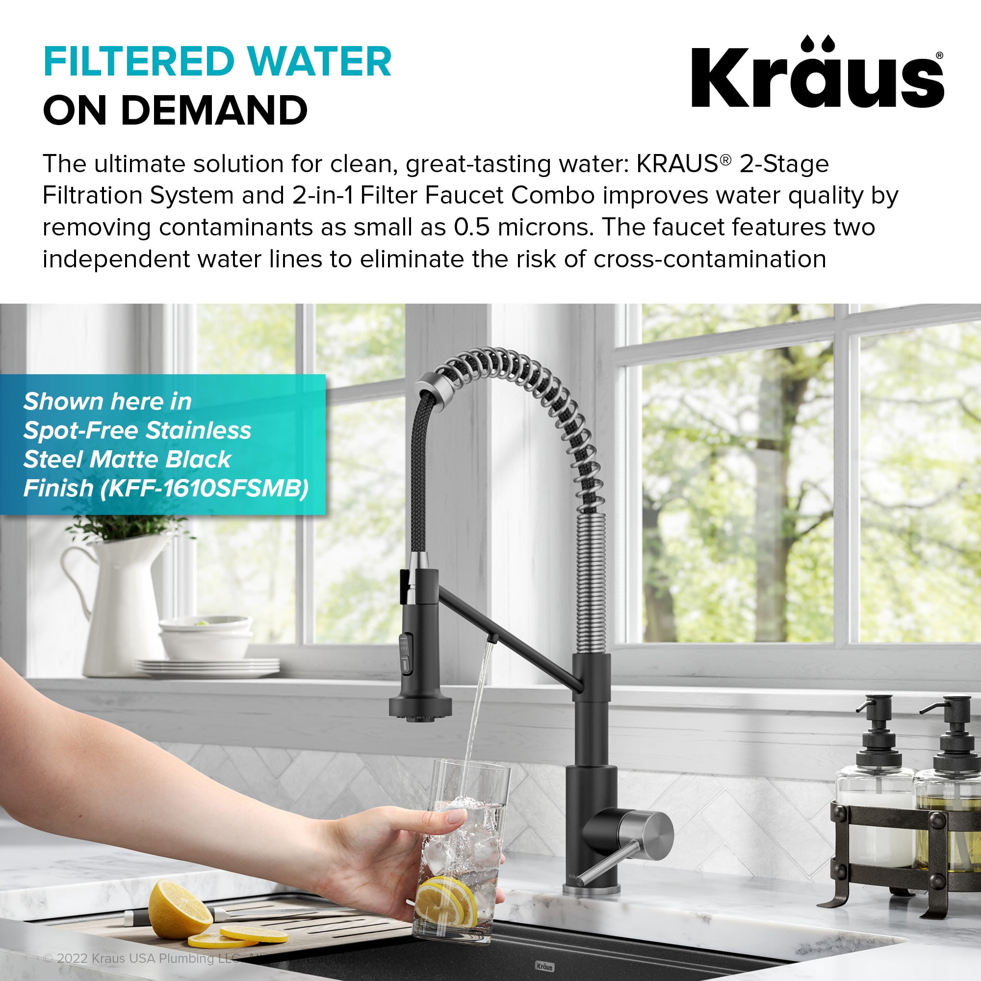 KRAUS Bolden 2-in-1 Commercial Style Pull-Down Single Handle Water Filter Kitchen Faucet in Matte Black with Purita 2-Stage Under-Sink Filtration System
