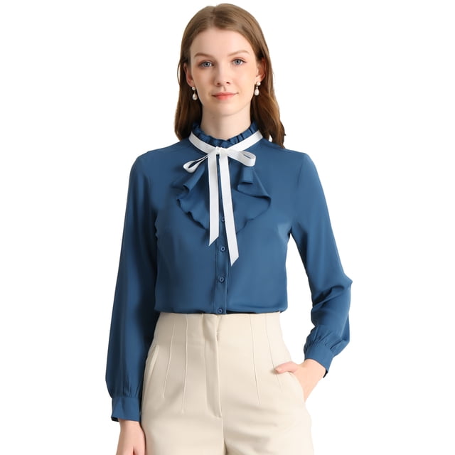 INSPIRE CHIC Women's Work Office Top Blouse Ruffle Neck Long Sleeve Ribbon Button Down Shirt