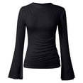 thumbnail image 2 of Juniors T-Shirts Long Sleeve Shirts 2025 Fall Going Out Tops Casual Boat Neck Bell Sleeve Ribbed Ruched Y2K Clothes T Shirts for Women, 2 of 6