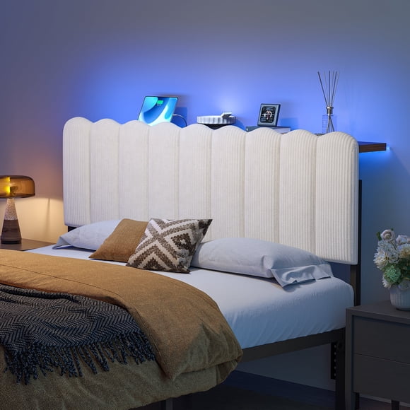 Pinmoco King Size Upholstered Headboard with Storage Shelf, Type-C and USB Charging Station, Modern Beige Striped Velvet, LED Lights, Bed Headboard Only