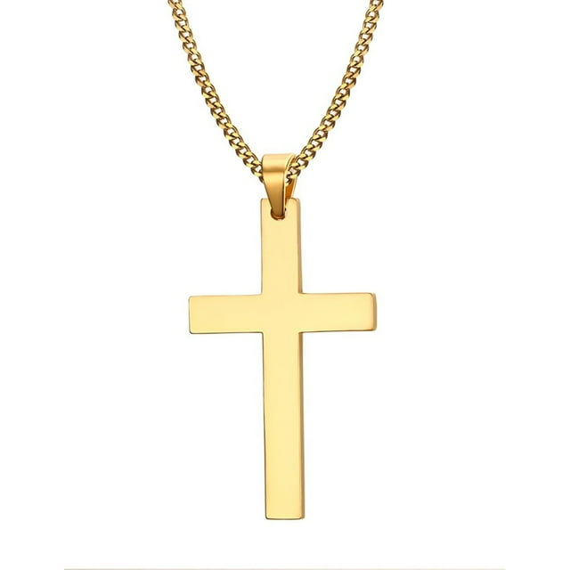 Simple Cross Necklace for Mens Stainless Steel Pendant with a 24-inch cable chain. The pendant, measuring 50mm by 30mm, is crafted from 316L stainless steel with a polished gold-tone finish. It features a lobster clasp and is lead-free and nickel-free, making it suitable for sensitive skin. The necklace is inscribed with 'In God We Trust, May the God be with you.'