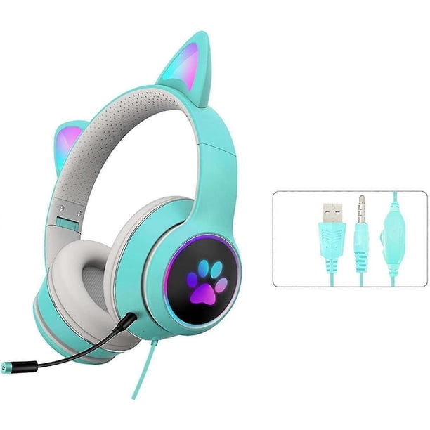 Gaming Headset Foldable Cat Ear Headphones with RGB LED Light Stereo Sound Headphones with Mic USB 3.5mm Wired Over Ear Gaming Headsets for Kids Adult