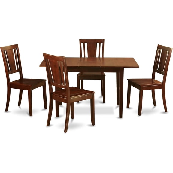 HomeStock 5-Piece Rectangular Dining Set, Mahogany Finish, Table with 12-Inch Leaf and 4 Wooden Chairs, 142 lbs