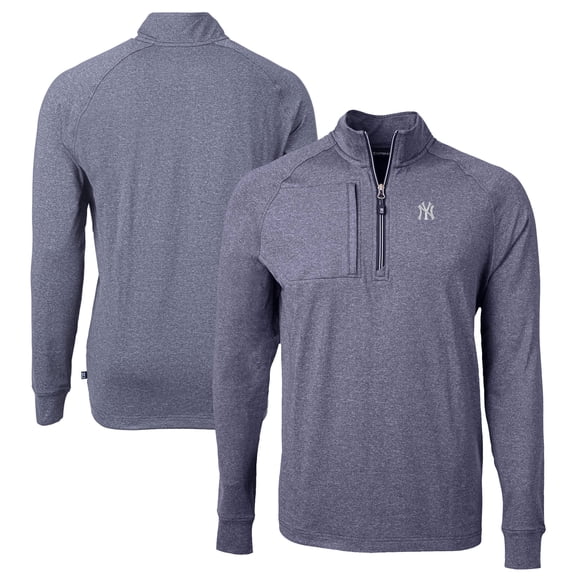 Men's Cutter & Buck Heather Navy New York Yankees Big & Tall Adapt Eco Knit Stretch Recycled Quarter-Zip Pullover Top
