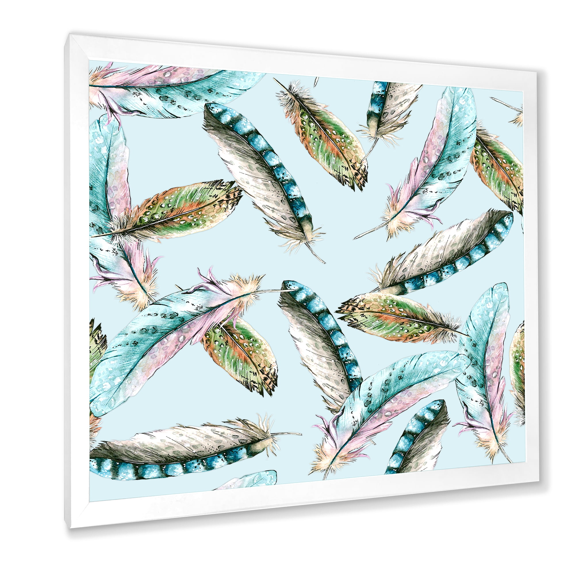 Designart 'Green Bird Feathers On Blue Background' Bohemian & Eclectic Framed Art Print