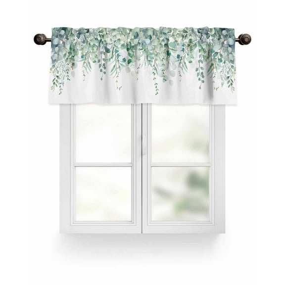 Green Eucalyptus Leaf on White Curtain Valances,Fallen Leaves Watercolor Small Window Treatment for Kitchen Living Room Bathroom,42" x 18"