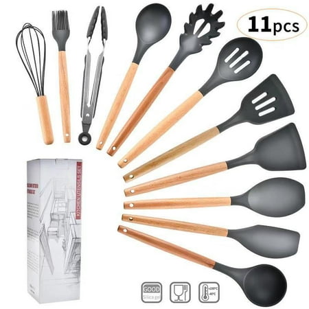 

BCOOSS Silicone Kitchen Cooking Utensils Set with Wooden Handle Gray 11Pcs