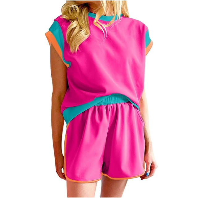 hoksml Ensembles Détente pour Femmes Été Sport Course Ensembles 2 Pcs Polyvalents Chandail Ample Col Rond Manches Courtes Hauts Ensembles de Shorts 2025 en Liquidation