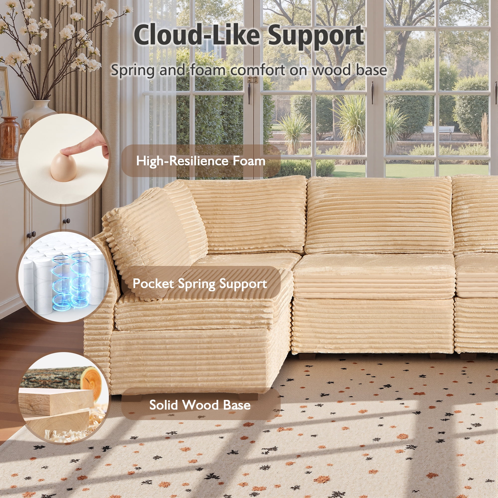 Ovios 95" Modular Sectional Sofa Deep Seat Cloud Couch with Chaise L-Shaped Corduroy Couch for Living Room, 5 Seat, Beige