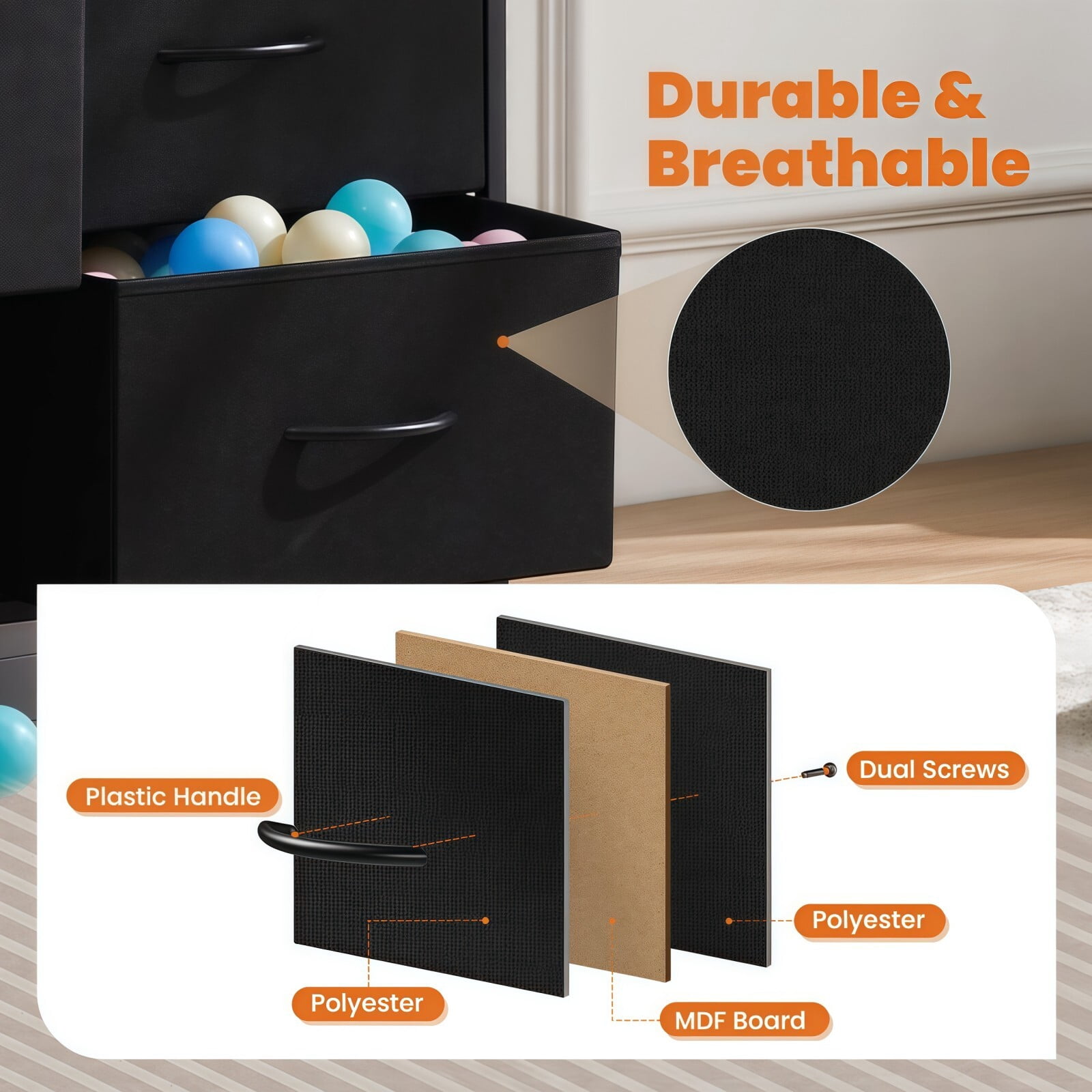 BEAUTYPEAK 8 Drawer Fabric Dresser Bedroom Storage Chest with Wood Top Adjustable Feet, Black