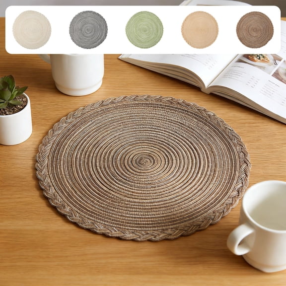 Round Woven Placemat, 15 Inch Washable Polyester Table Mat, Heat Resistant Non-Slip Dining Table , Home Kitchen Decor, Single Piece, Multiple Colors