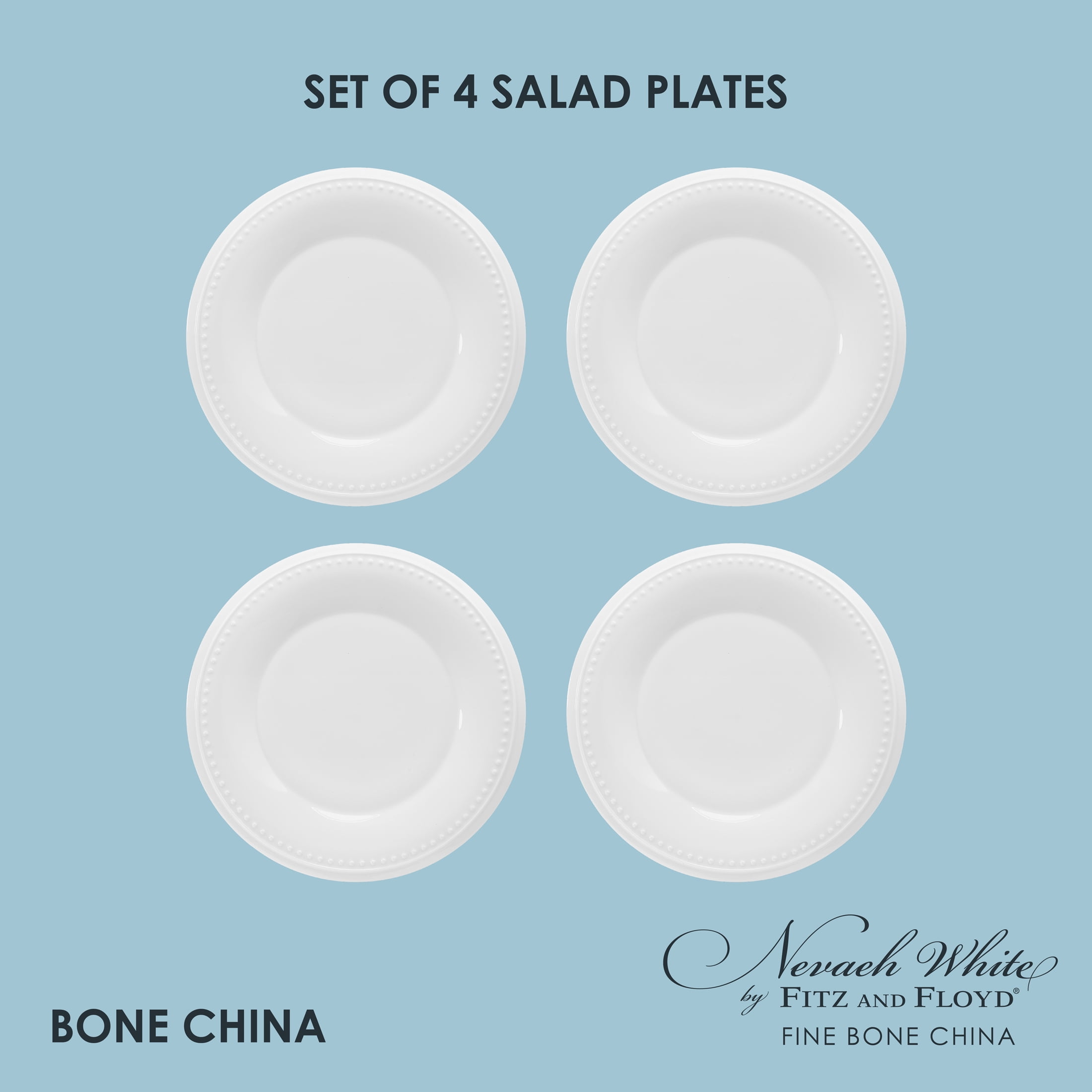 Fitz and Floyd Nevaeh White Classic Bead 9" Round Bone China Salad Plates (4 Count)