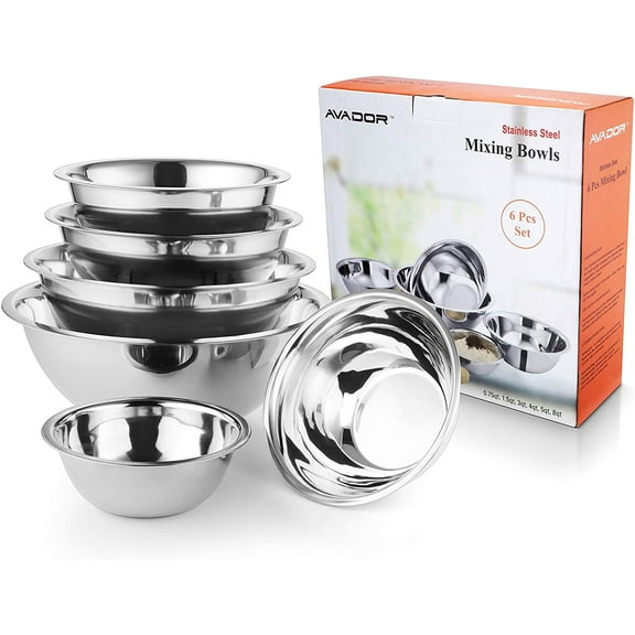 AVADOR Premium Stainless Steel Mixing Bowls, Set of 6 Brushed Stainless Steel Mixing Bowl Set, Easy To Clean, Space Saving, Great for Cooking, Baking, Prepping, Includes Gift Box