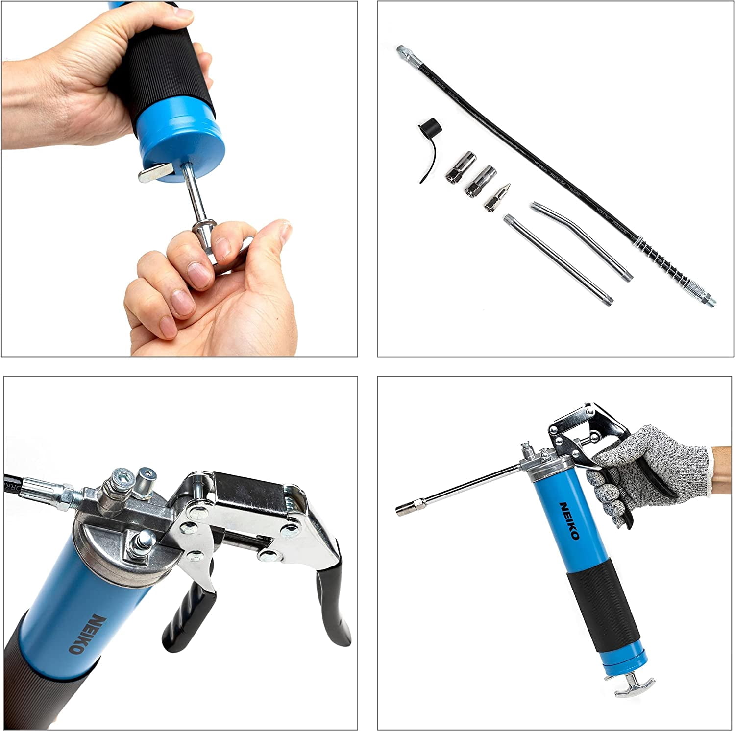 Neiko 12011A Grease Gun, Heavy Duty Pistol Grip Greaser, 6000 PSI, Grease Gun Hose 18 inch, Grease Gun with Zerk Fitting, 6” Straight Extension & 5.5” Bend Ext, Grease Not Included.