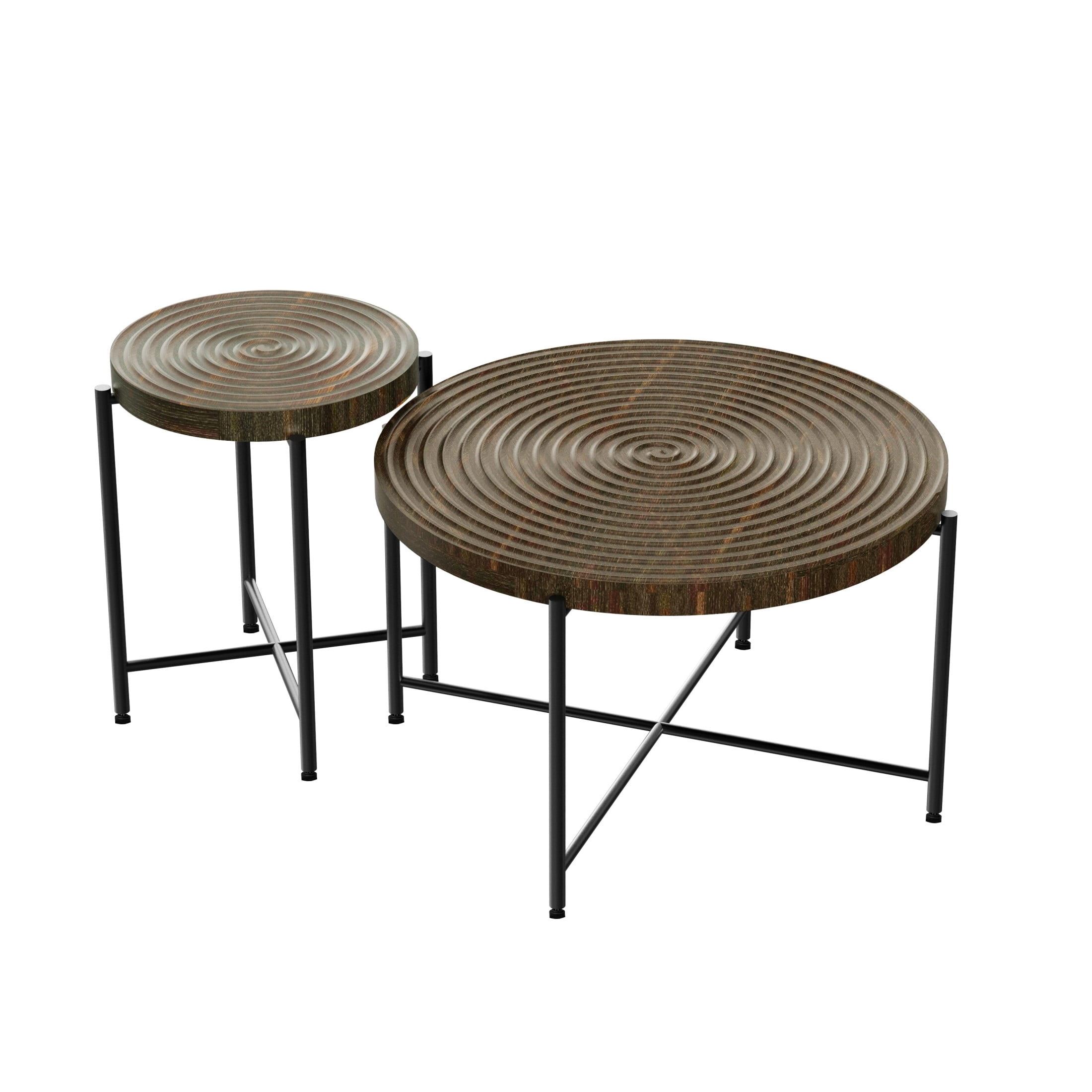 GDF Studio 2-Piece Coffee and End Table Set with Radial Ring Pattern Tabletops, Black Metal Legs, Walnut Brown