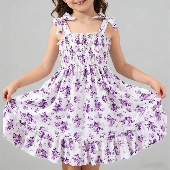 Spazoro Toddler Girls Midi Camisole Dresses, Floral Print A-Line Sleeveless Square Neck Casual Summer Dresses for Girls Purple Size 7-8