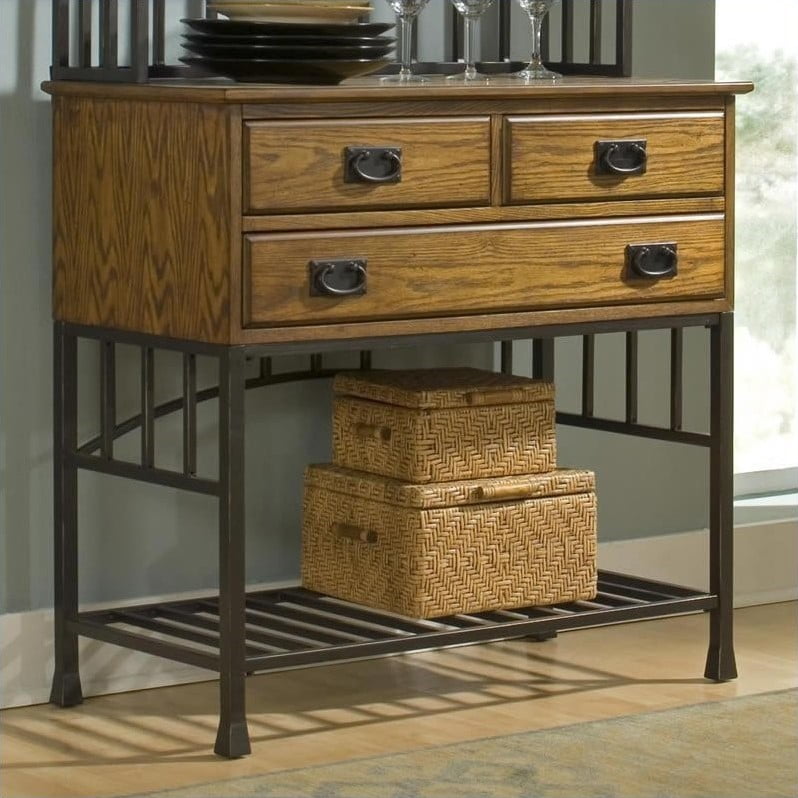 Home Styles Oak Hill Distressed Oak Bakers Rack with Hutch Drawers and Antiqued Bronze Finish Walmart