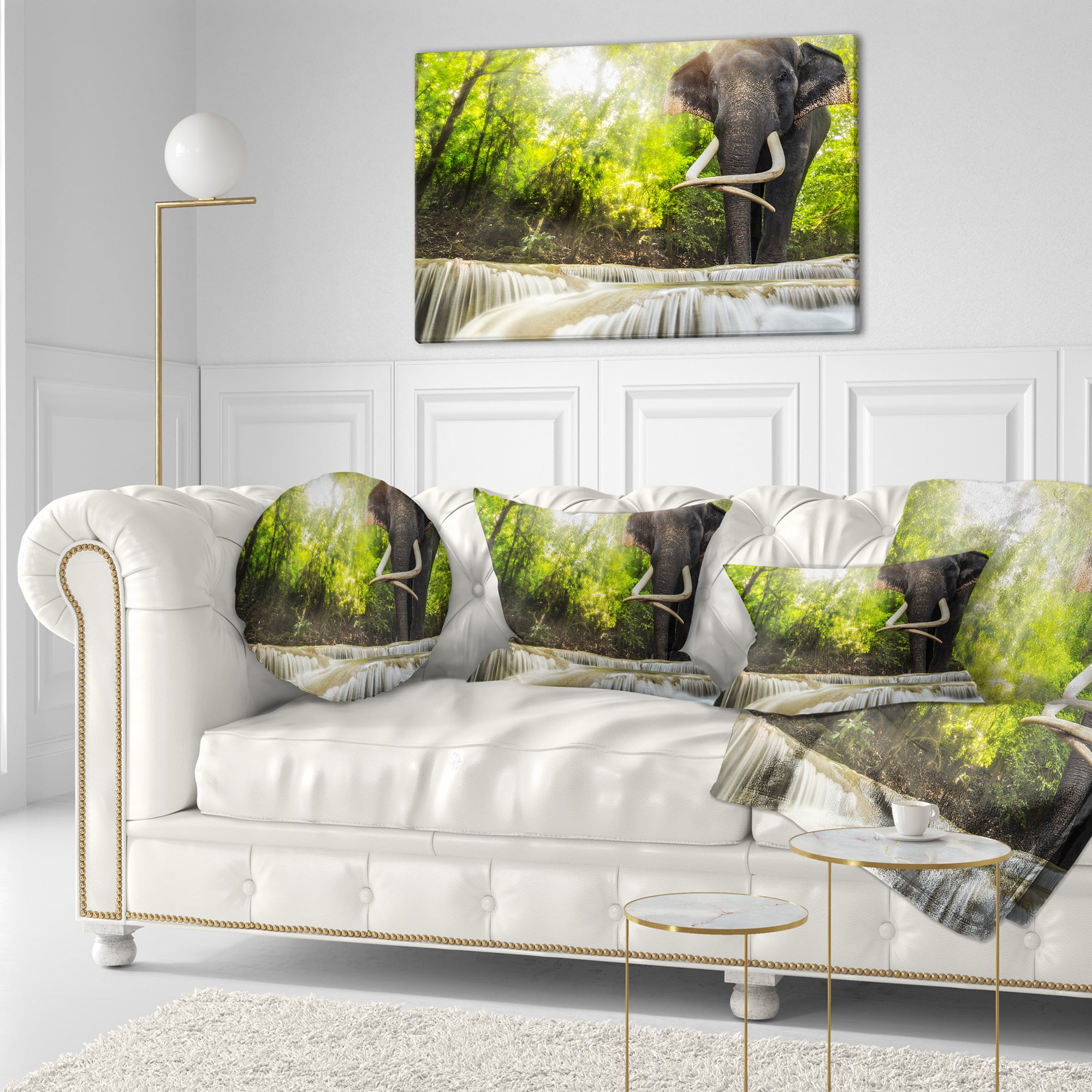 Designart Erawan Waterfall with Elephant - Photography Throw Pillow - 12x20