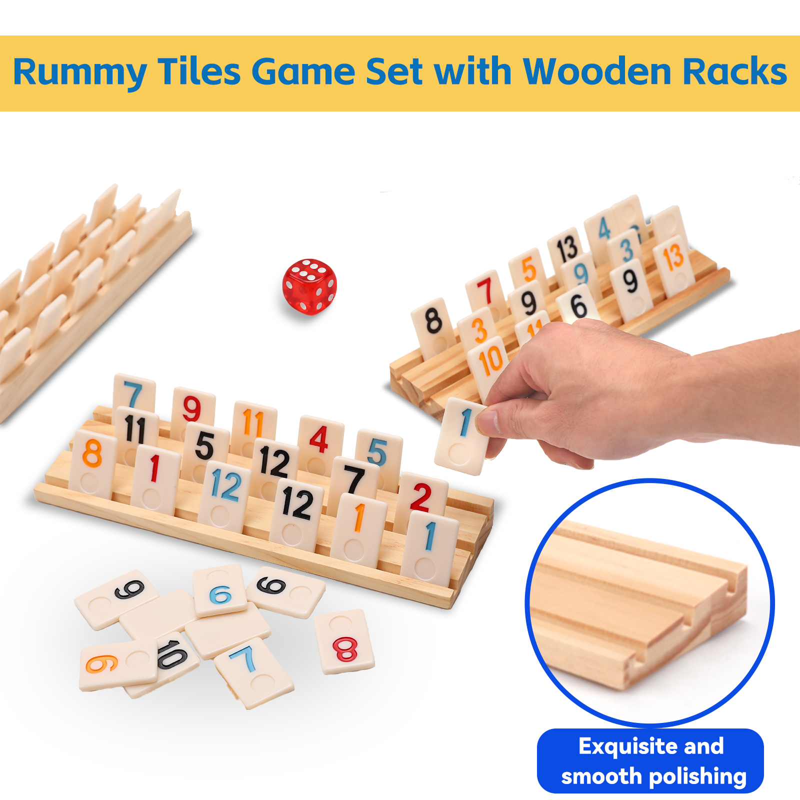 Rummy Cube 4 Player Edition with 4 Wooden Racks,108 Tiles Rummy Cube Game Original with Portable Case，Drawstring Bag Rummy Game Large Number Rummy Tiles Travel Game Set for Family Classic Board Games