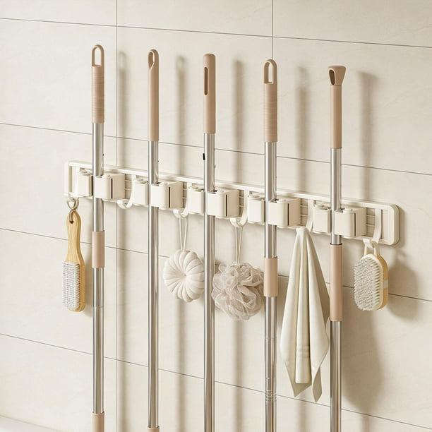 Soporte para trapeador y escoba, colgador de trapeador y escoba de acero al carbono, fácil de usar, resistente, para montaje en pared, antideslizante, 5 estantes 6 ganchos
