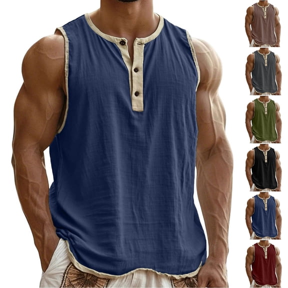 KeShDi Summer Tank Tops Cotton Linen Henley Shirts Athletic Workout Muscle Shirts Button T-Shirt Gym Muscle Slim Fit Tee Casual Sports T-shirt Top Dark Gray 2X