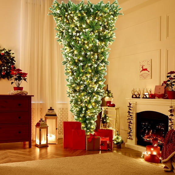 Gymax 7.5FT Pre-Lit Snowy Inverted Christmas Tree Artificial Tree w/ 400 LED Lights