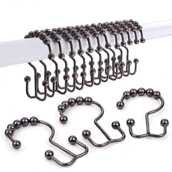 DAWNER Rust Proof Shower Curtain Hooks Rings, Stainless Steel Shower Curtain Rings Metal Double Glide Shower Hooks for Bathroom Shower Rods Curtains, Brushed Bronze Decorative Finish, Set of 12 Hooks