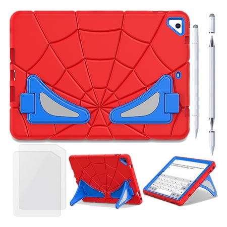 for iPad 9.7 inch 2018 2017 (6th/5th Gen)/Pro 9.7" Case with Bulit-in Kickstand, Screen Protector & Stylus Pen, Soft Silicone & Hard PC 2in1 Hybrid Rugged Spider Armor Protective Cover Kids Man