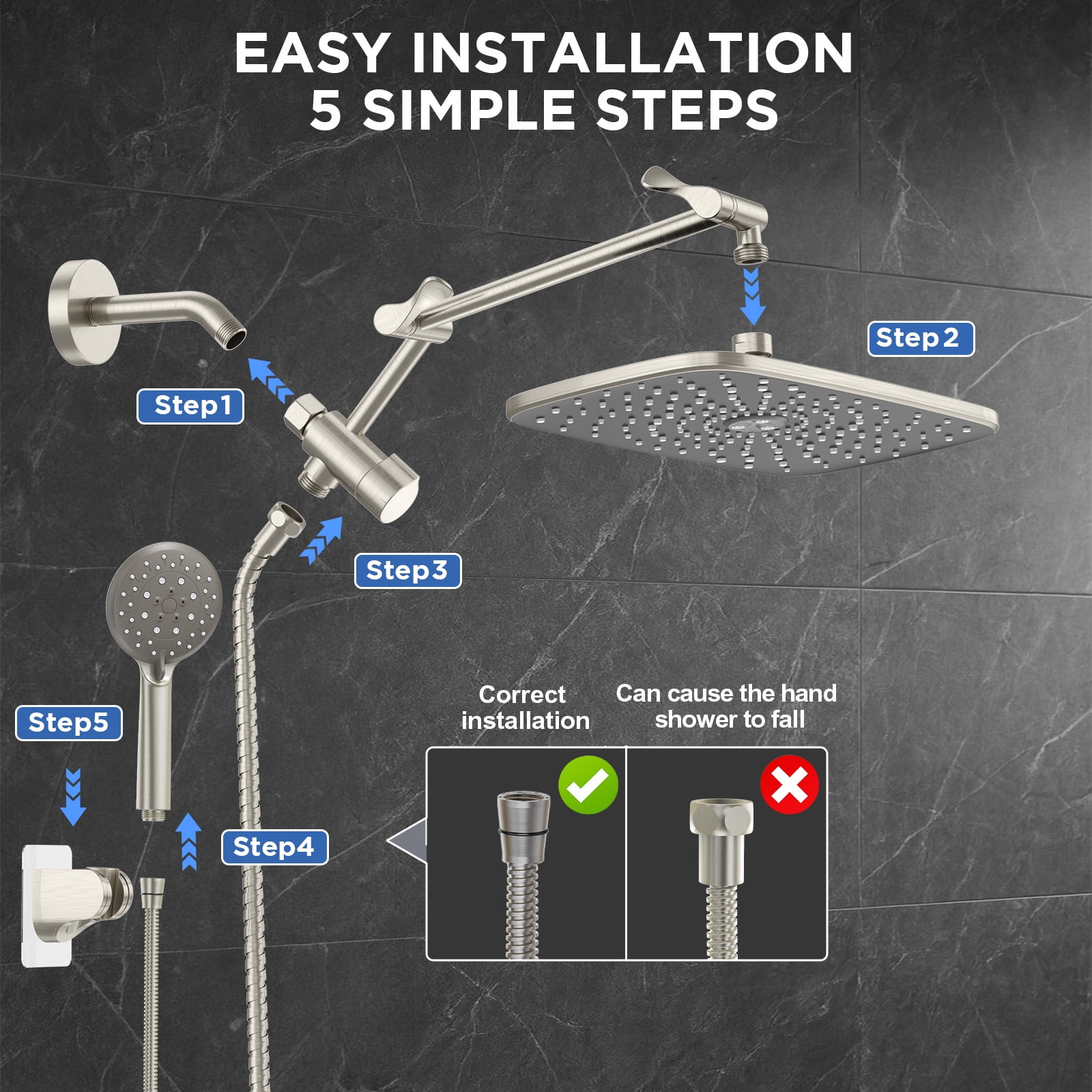 Veken Wide Brushed Nickel Rain Shower Head with Handheld, High Pressure Rainfall Showerhead Combo with Arm for Bathroom Accessories, Home Decor, Detachable Dual Shower with Multi Modes Handheld Spray