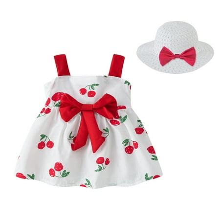 

EHTMSAK Infant Baby Toddler Children Girl Clothing Set Bow Summer Outfits Floral and Set Short Sleeve with Sun Hat Red 6M-4Y 110